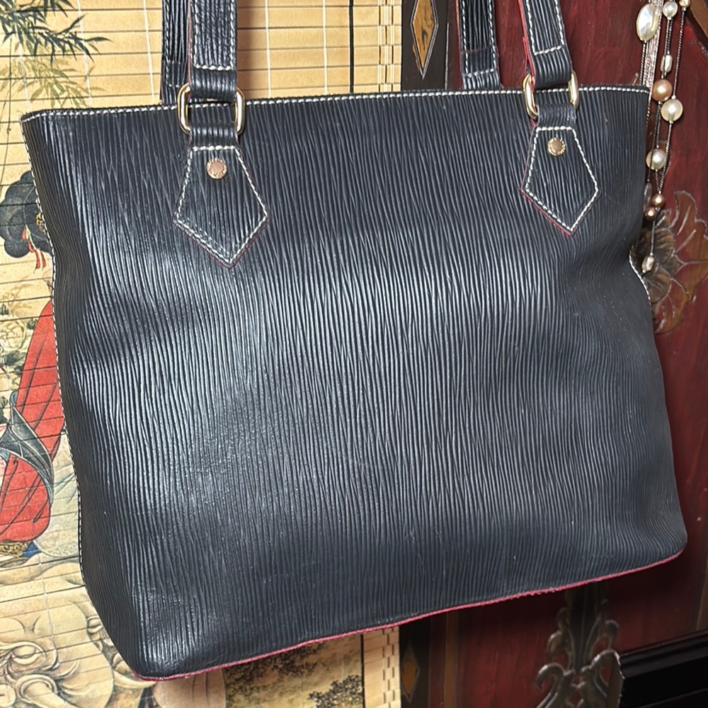 Arcadia Italy Black Grooved Texture Leather Tote Bag 12”Lx9.5”Hx4.75”W VGUC